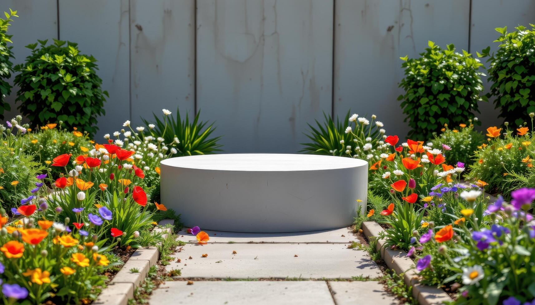 close up view of a podium surrounded by square flower beds filled with wild poppies, chamomile, and contrasting foliage textures. photo