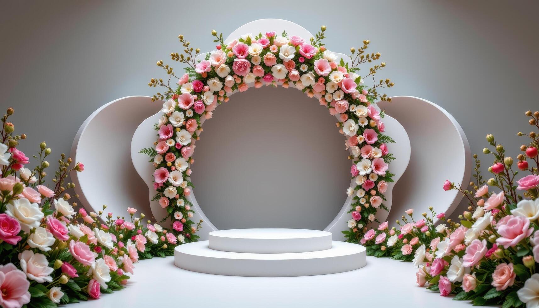 close up view of a podium enclosed by large petal shaped dividers filled with real blossoms, forming a protective floral embrace. photo