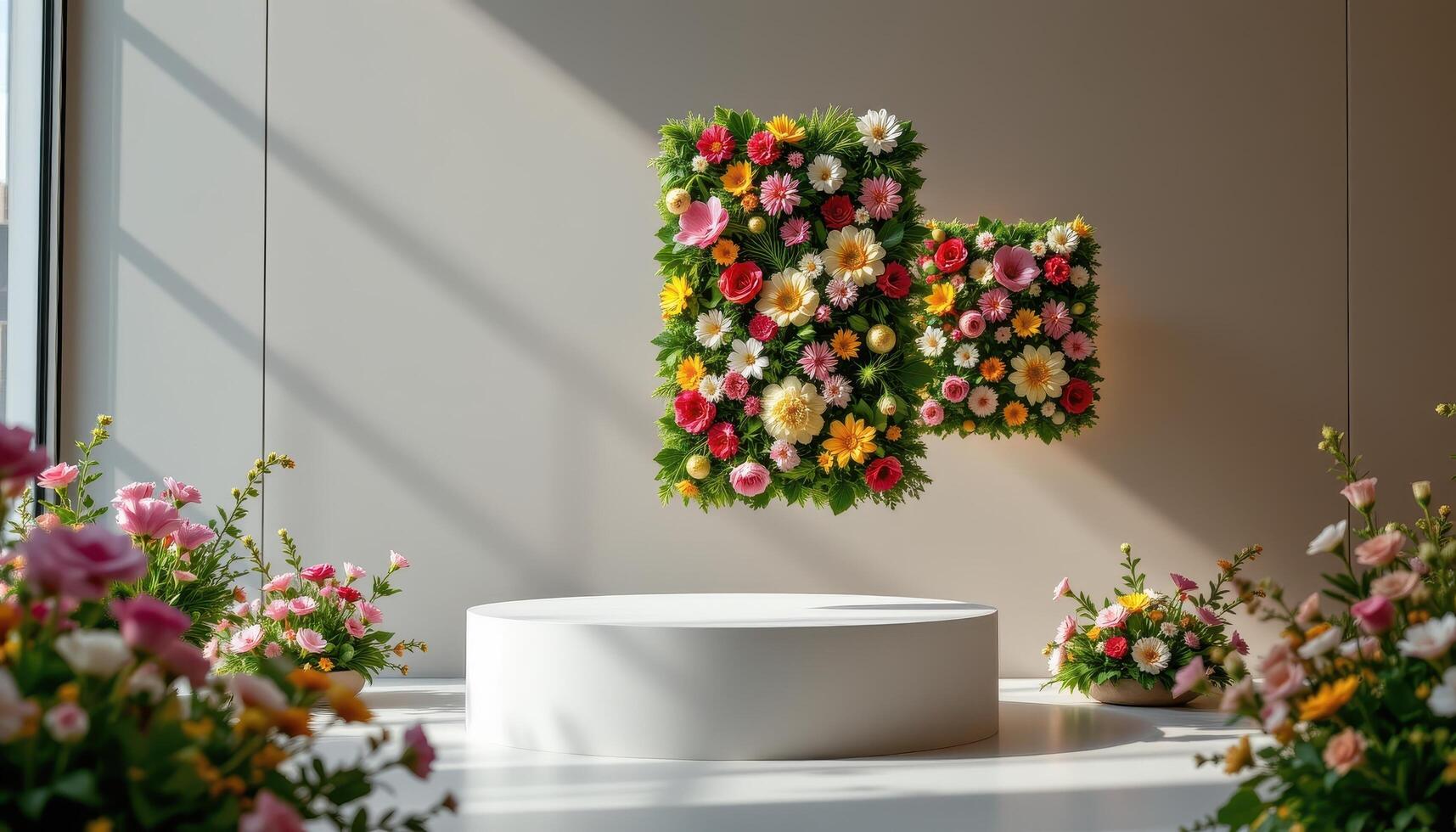 close up view of a podium beside structured floral grids suspended mid air like floating botanical panels. photo