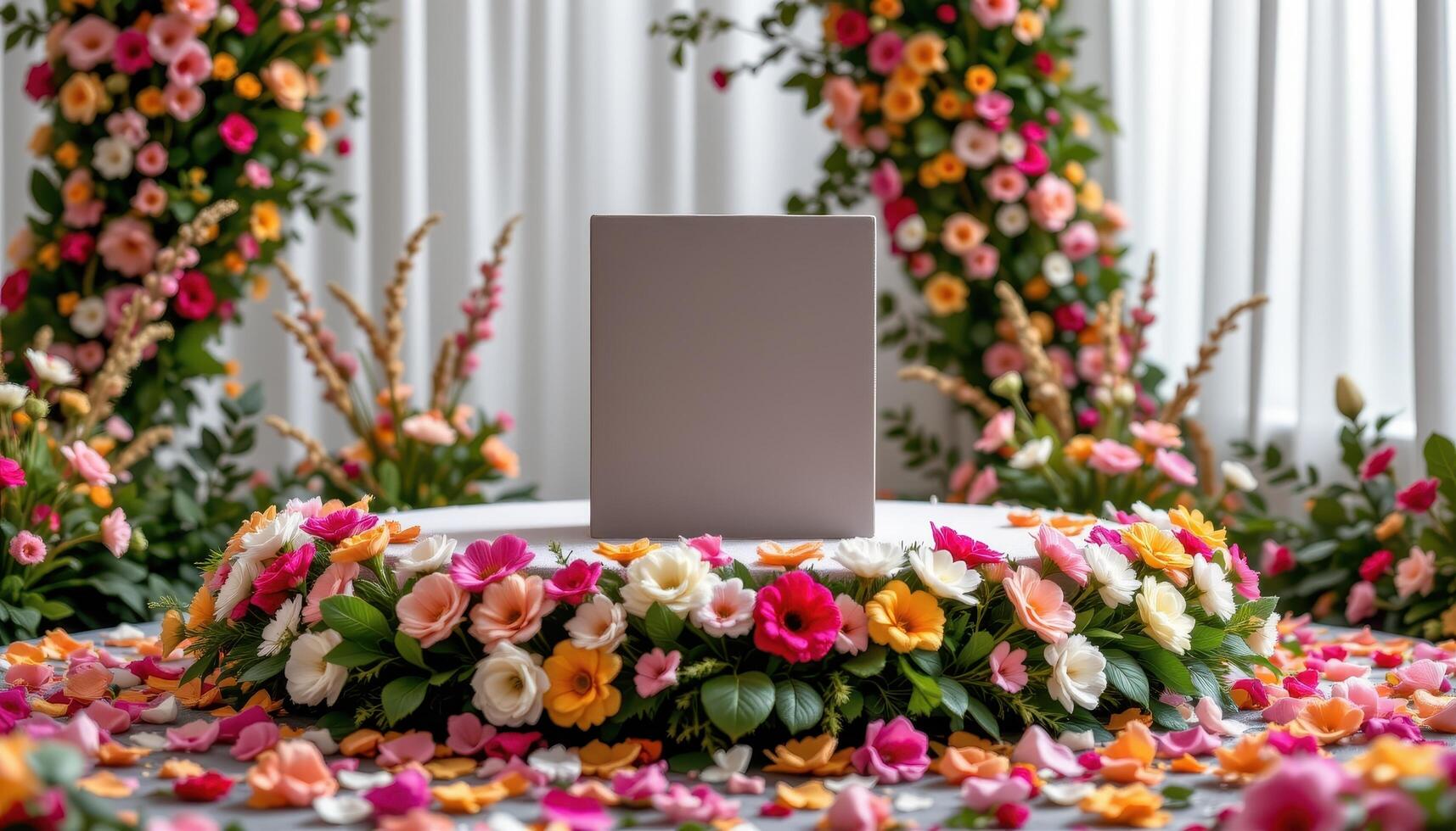 close up view of a podium on a raised flower covered platform with seamless transitions between bloom layers and levels. photo