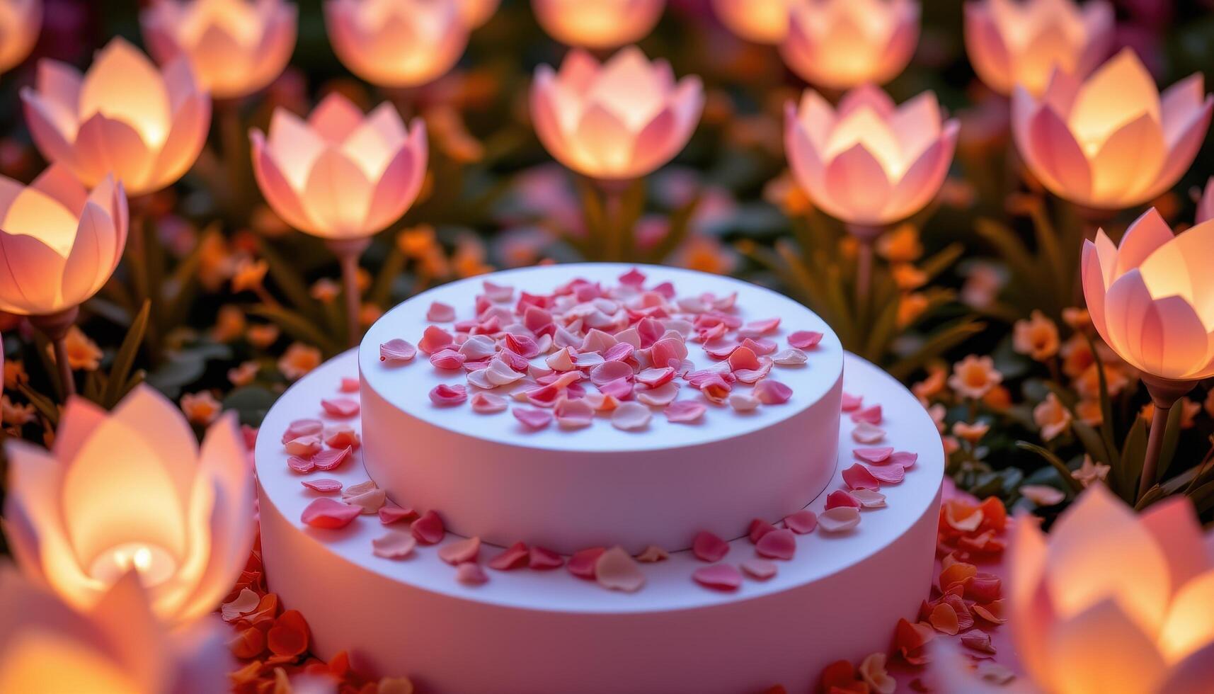 close up view of a podium surrounded by flower shaped lanterns filled with fresh petals and glowing from within. photo