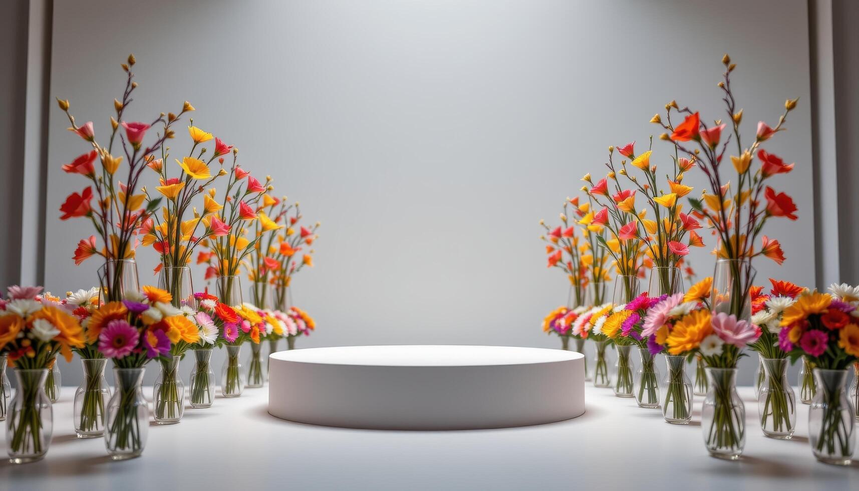 close up view of a podium flanked by rows of identical flower vases arranged with mathematical precision and color symmetry. photo