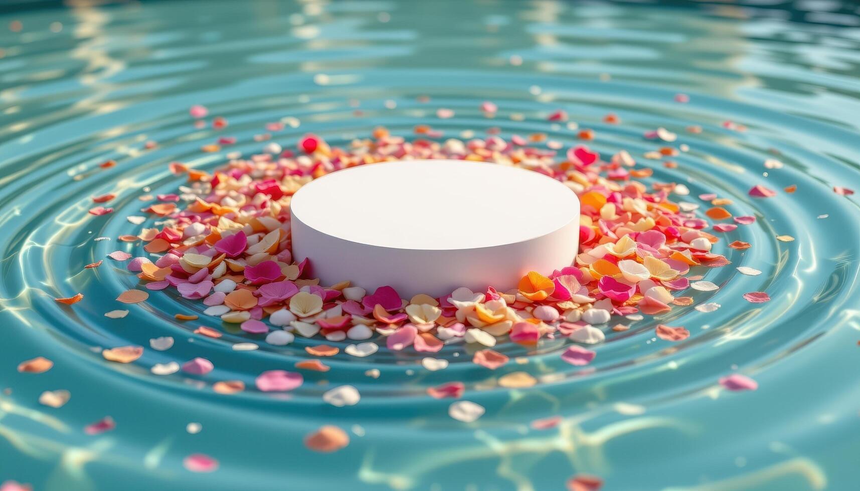 close up view of a podium placed in the center of a floating bed of flower petals drifting across a shallow pool, creating soft ripples. photo