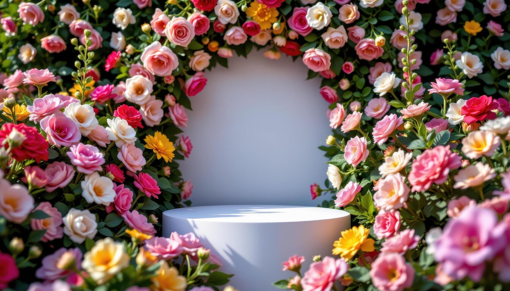 close up view of a podium hidden within a dense bouquet of garden flowers designed to completely surround and frame it. photo