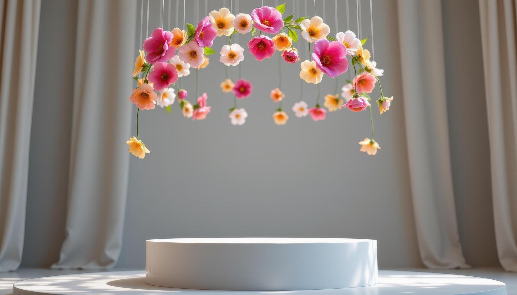 close up view of a podium beneath a circular halo of flowers floating just above its surface on invisible wires. photo