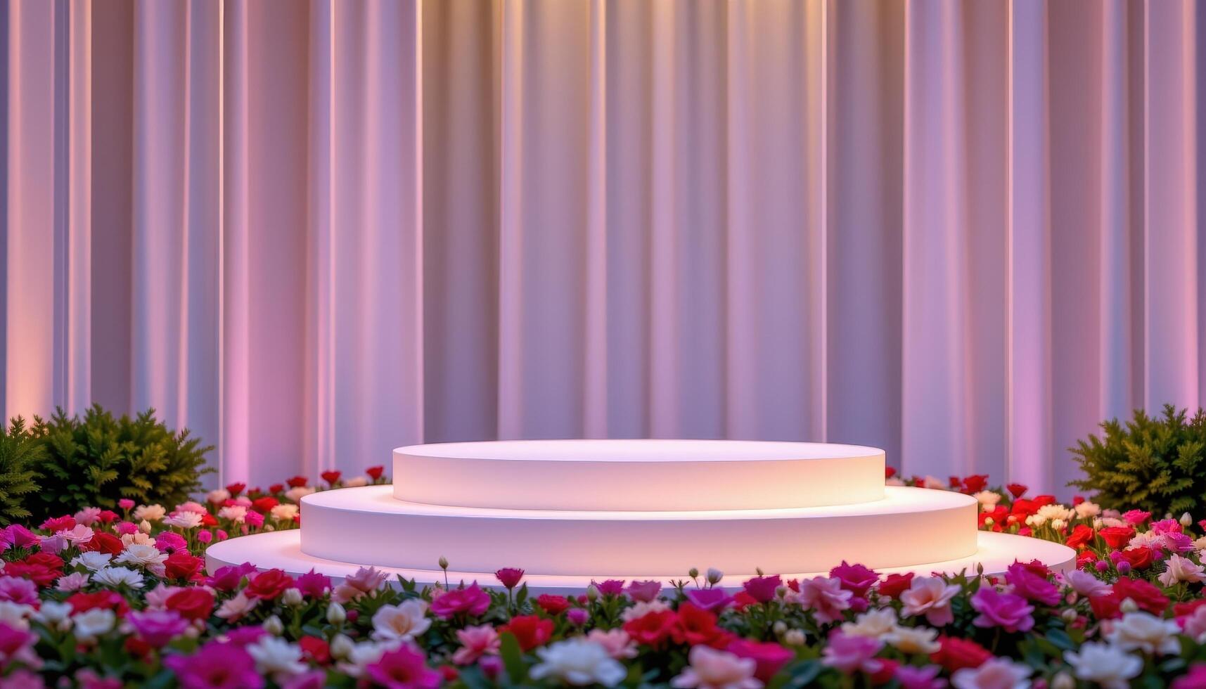 close up view of a podium illuminated from within and surrounded by low flower mounds. photo