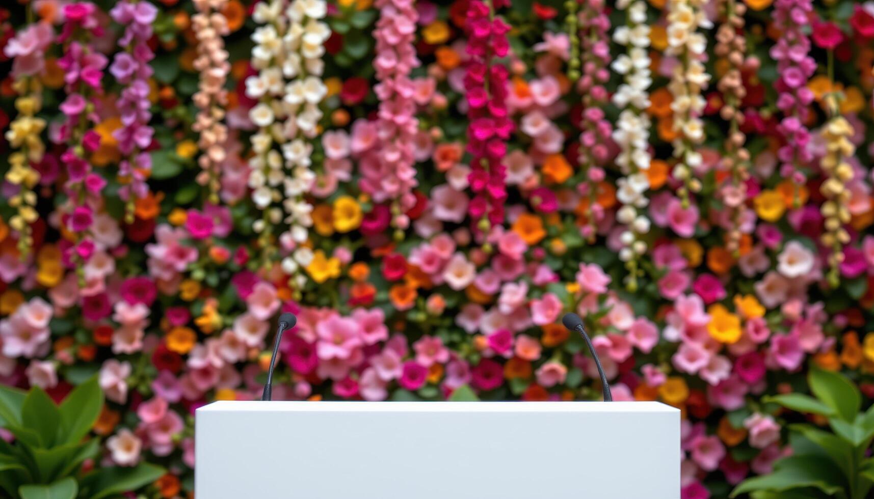 close up view of a podium backed by a flower draped wall with cascading colors. photo