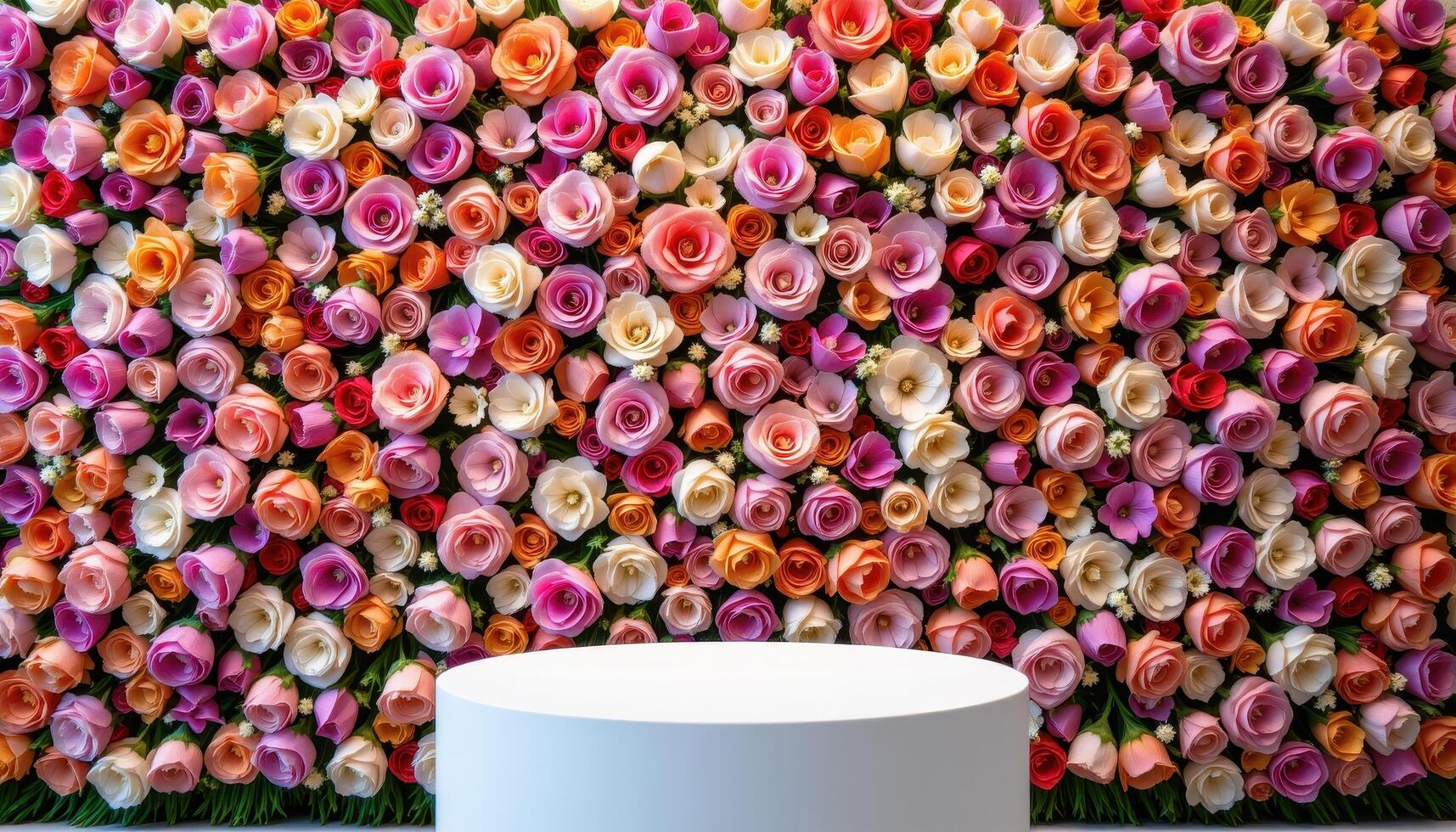 close up view of a podium in front of a vertical floral tapestry composed of layers of blossoms organized by hue and size. photo