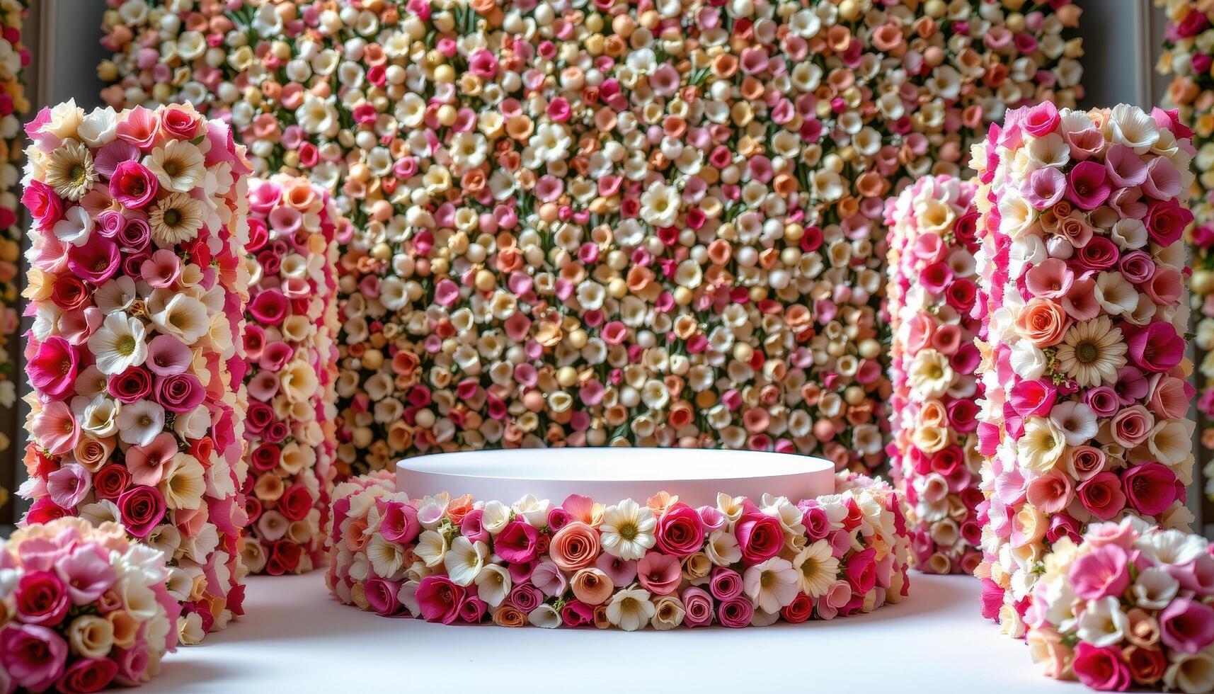 close up view of a podium flanked by square floral blocks stacked like pillars composed entirely of petals. photo