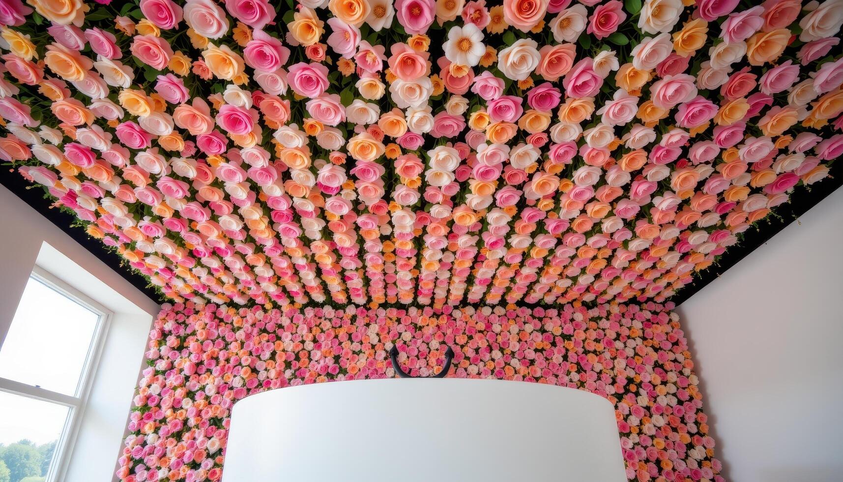close up view of a podium placed under a flower covered ceiling with small blooms arranged in a grid pattern. photo