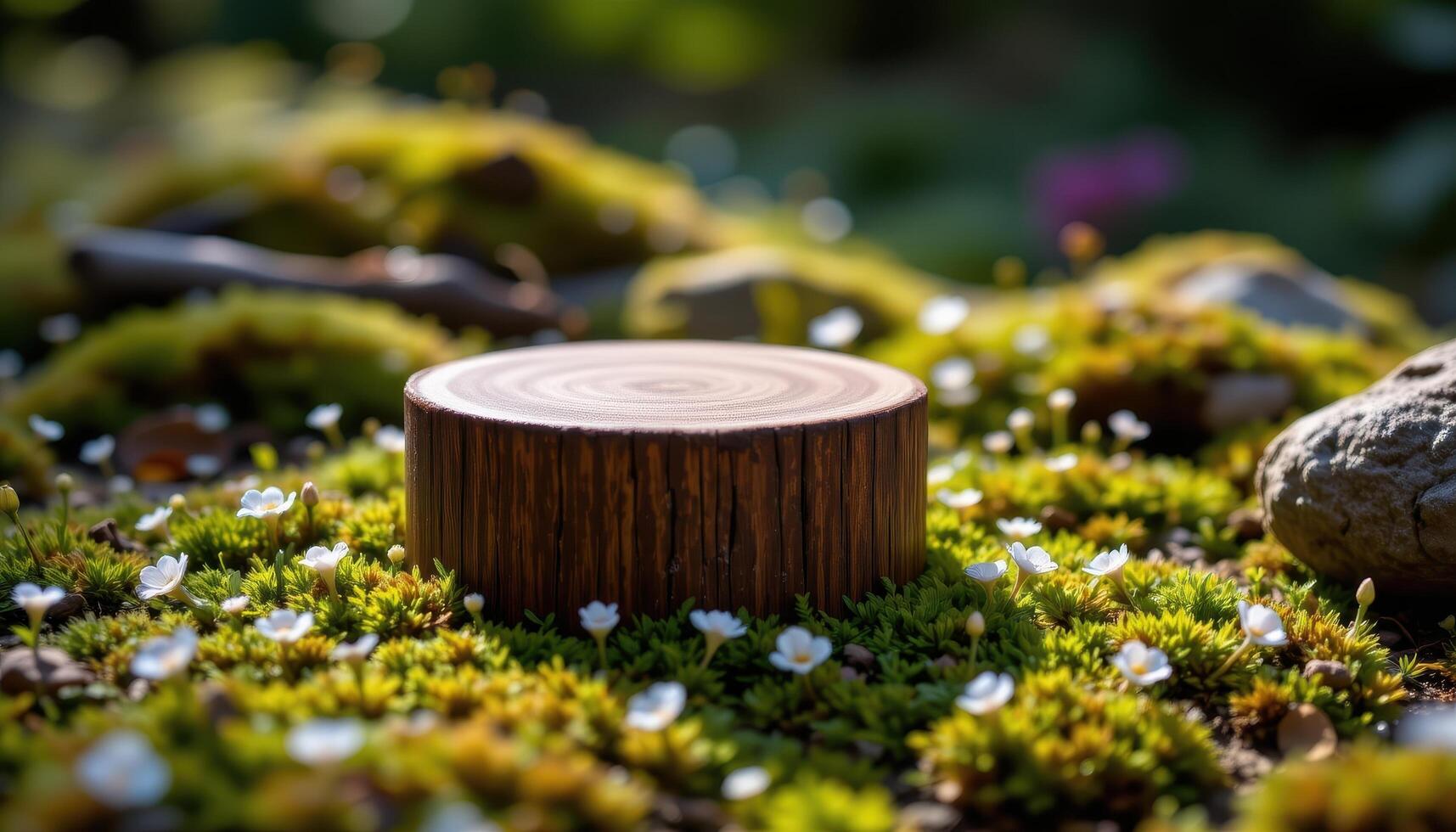 close up view of a podium sitting in a bed of moss and tiny woodland flowers, illuminated by soft ambient lighting that highlights the natural textures. photo