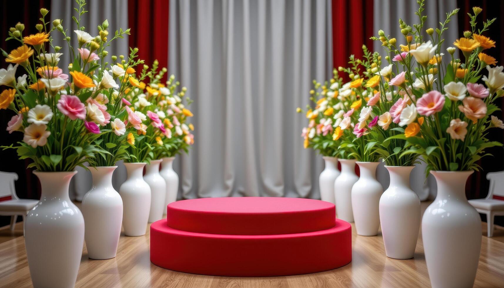 close up view of a podium flanked by symmetric rows of fresh cut flowers in identical white ceramic vases, forming a balanced composition. photo