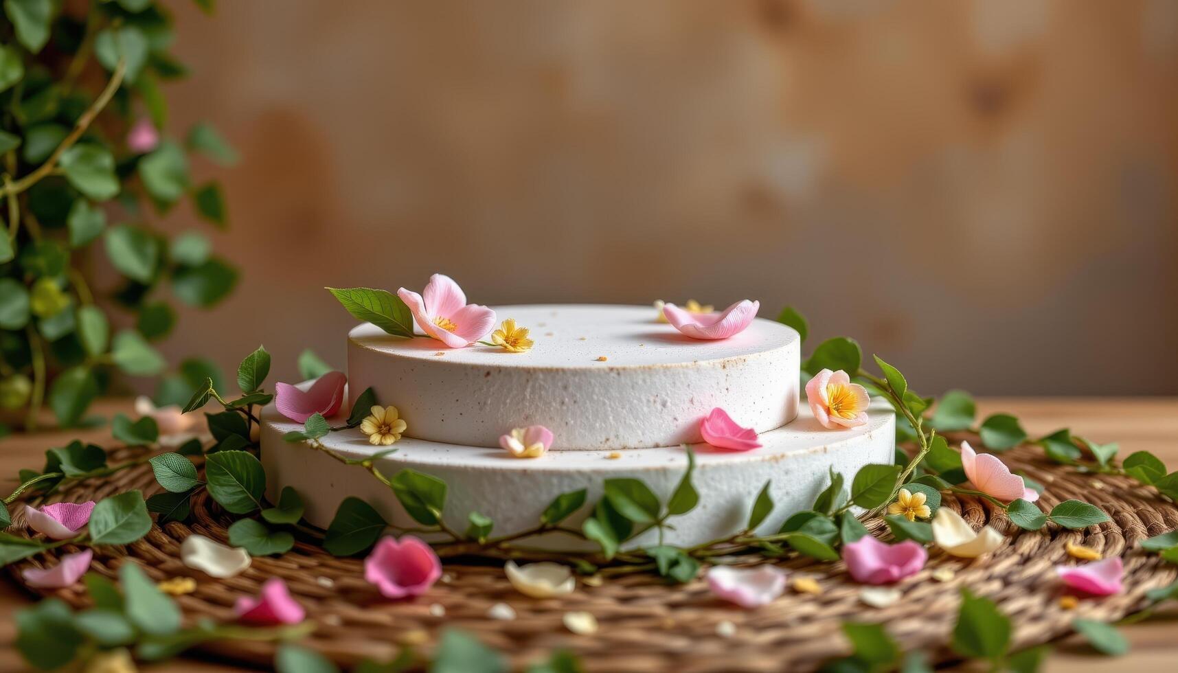 close up view of a podium gently elevated on a platform woven from fresh vines, petals, and leafy textures. photo