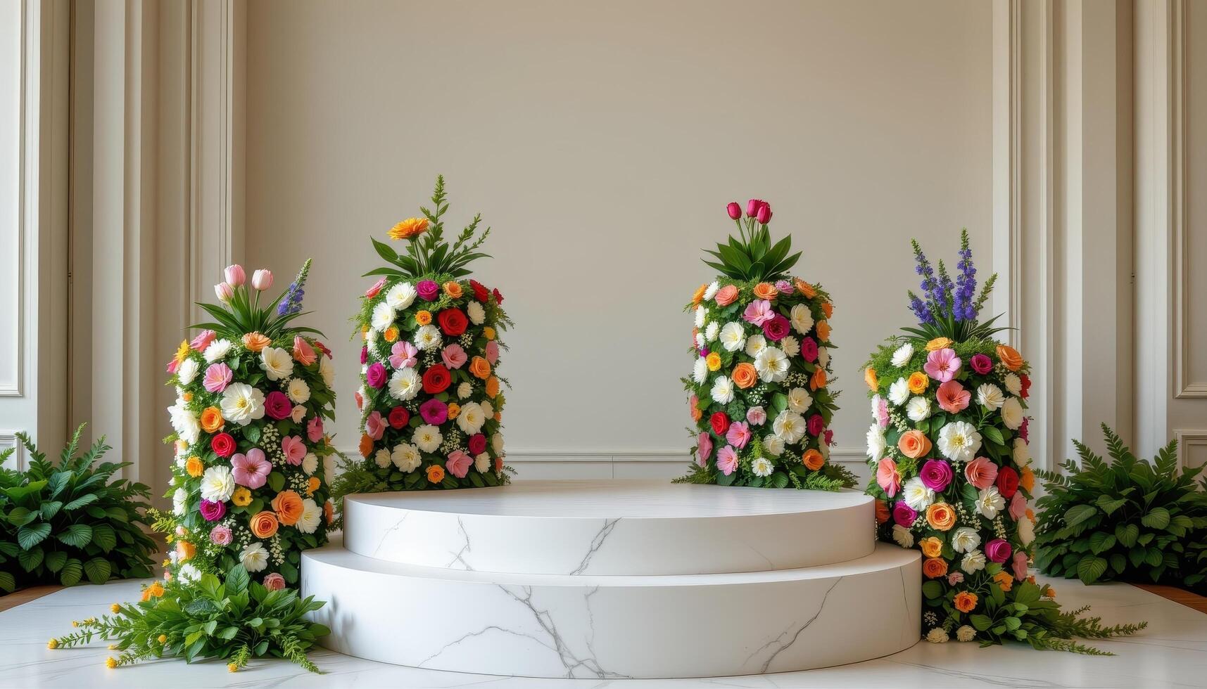 close up view of a podium supported by four floral pillars composed entirely of compacted blossoms and fragrant herbs. photo