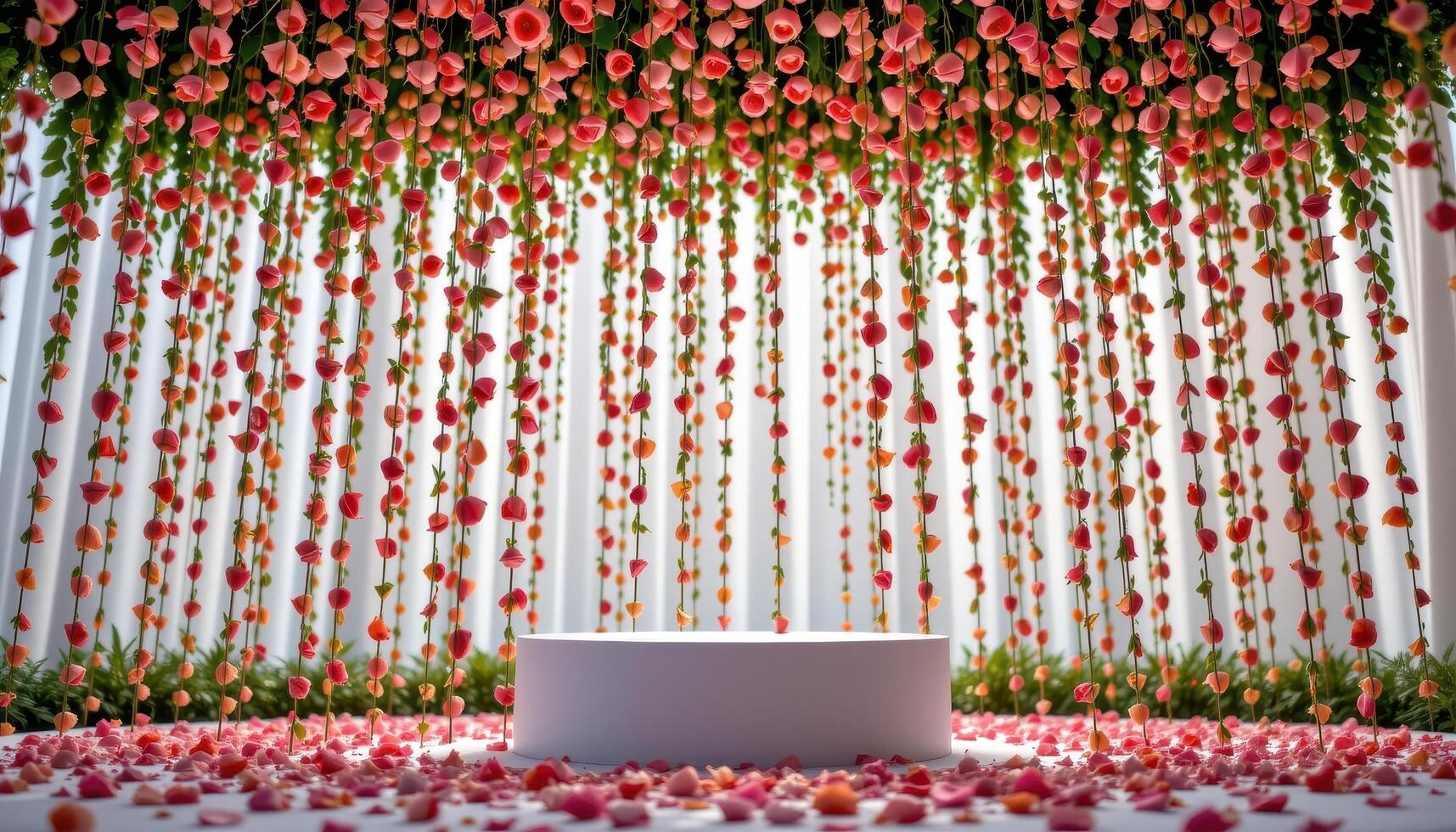 close up view of a podium placed under a floral rain installation, where petals fall slowly in an endless loop from the ceiling. photo