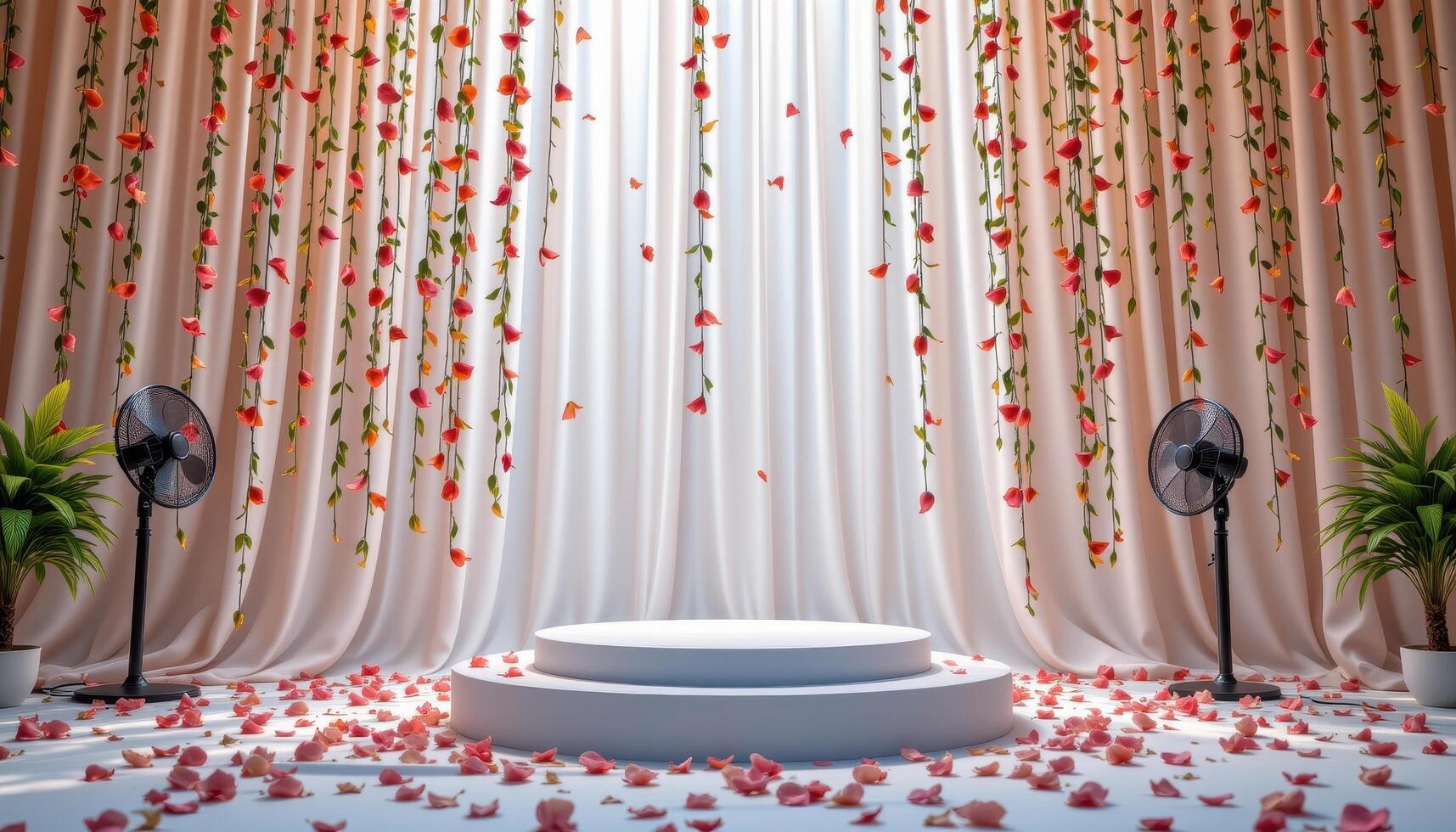 close up view of a podium enveloped in a curtain of petals gently swaying in a breeze created by invisible fans. photo