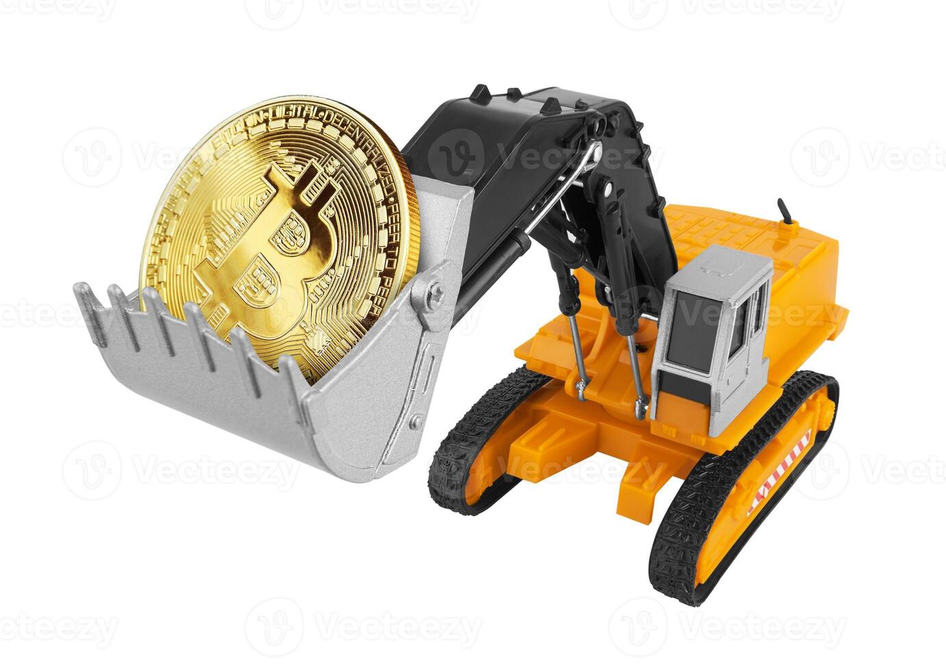 Golden Bitcoin in a excavator on a white photo