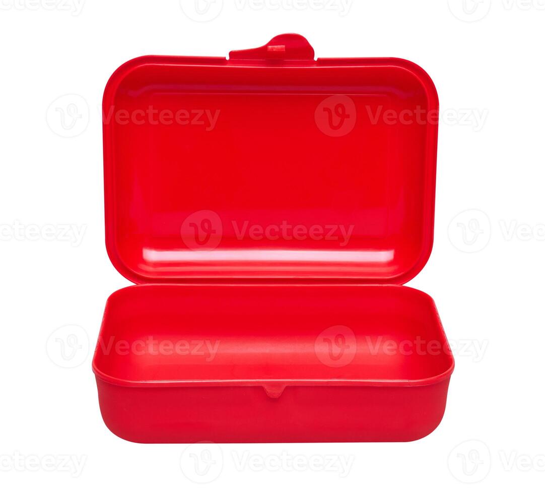Red plastic box on a white photo