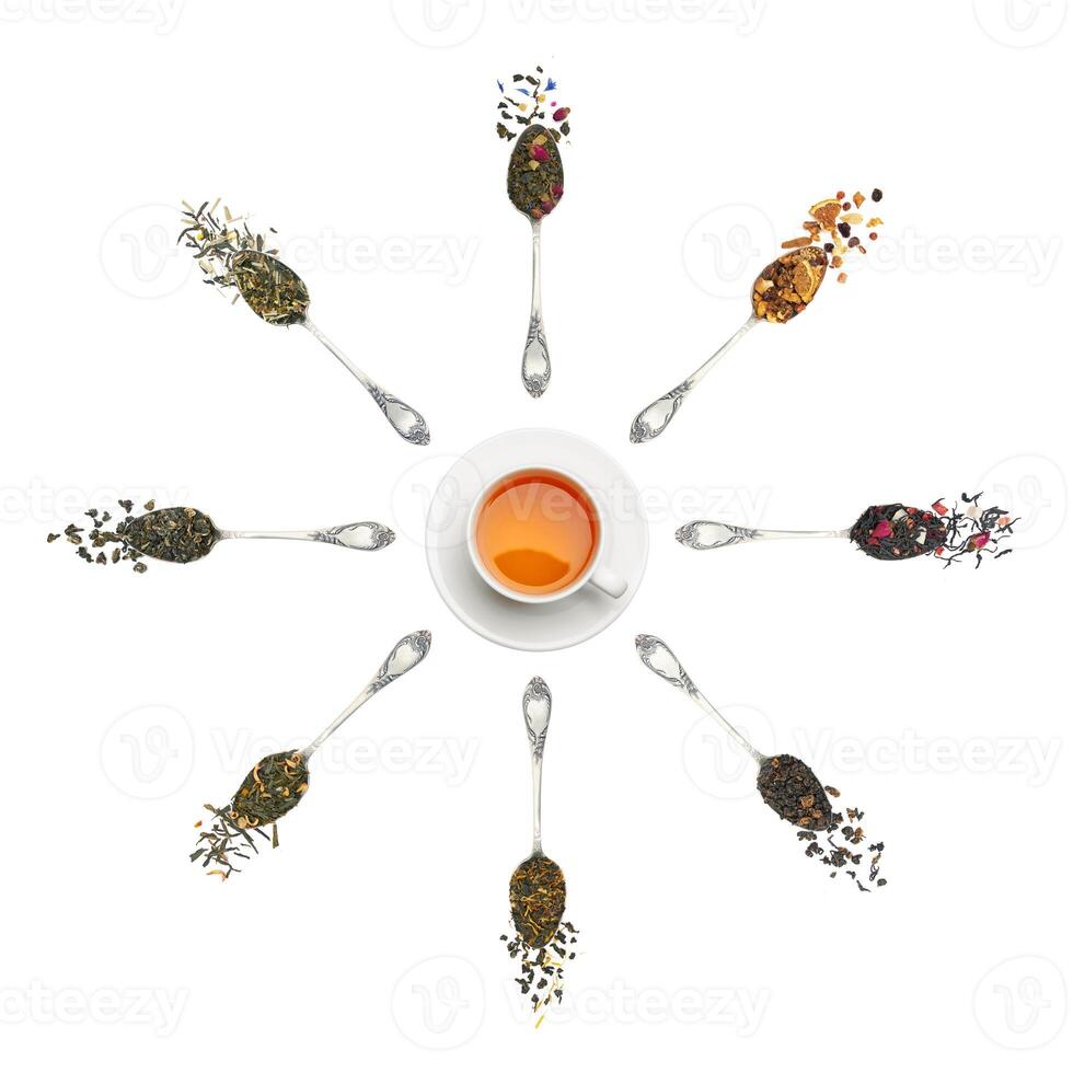 Set of Tea in a spoons around a cup of tea photo