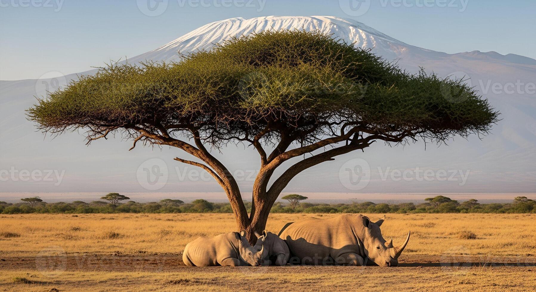 Rhinos resting under a tree with mount kilimanjaro in the background on a sunny african landscape photo