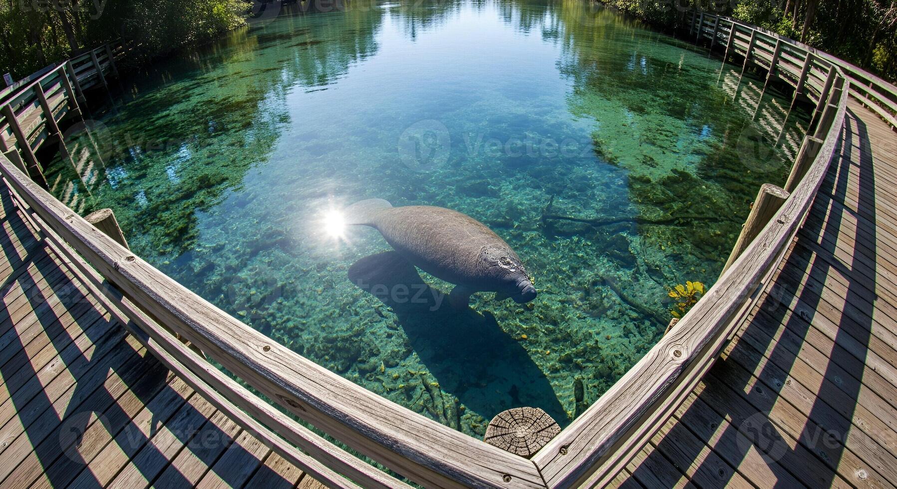 Manatee swimming in crystal clear water viewed from a wooden boardwalk on a sunny day outdoors photo