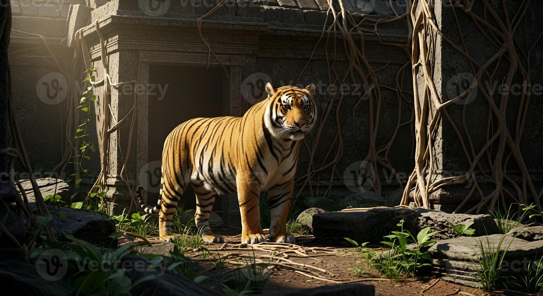 A tiger standing in the middle of a jungle photo