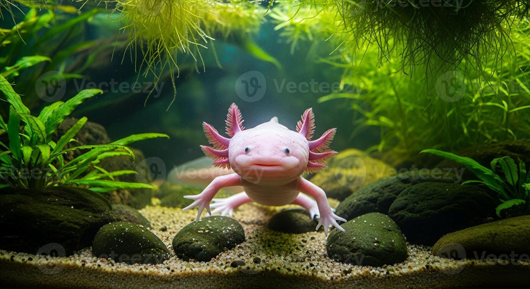 Close up of a pink axolotl in an aquarium with green plants and dark rocks on a sandy bottom view photo
