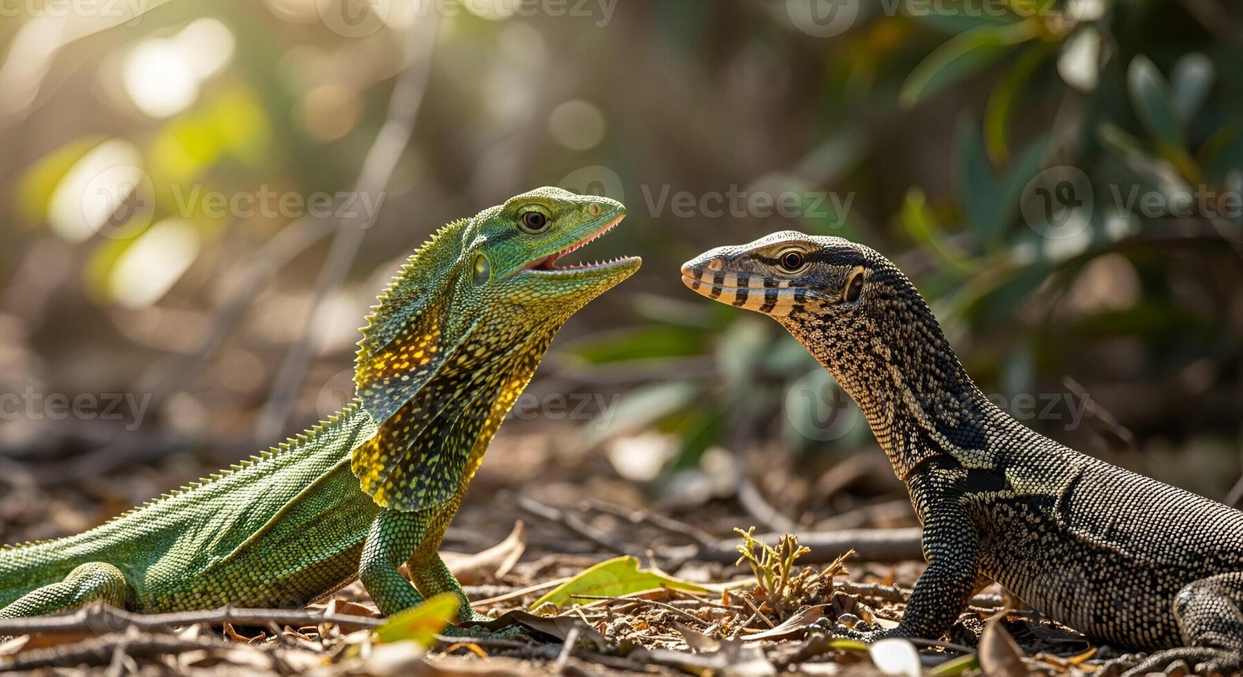 Two lizards facing each other in a natural setting with one having its mouth open and a blurred background photo