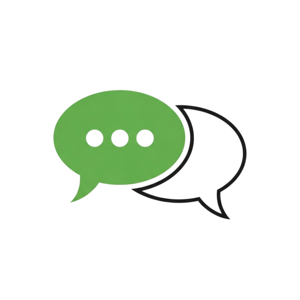 Two green and white speech bubbles with dots representing conversation or messaging isolated on transparent background png