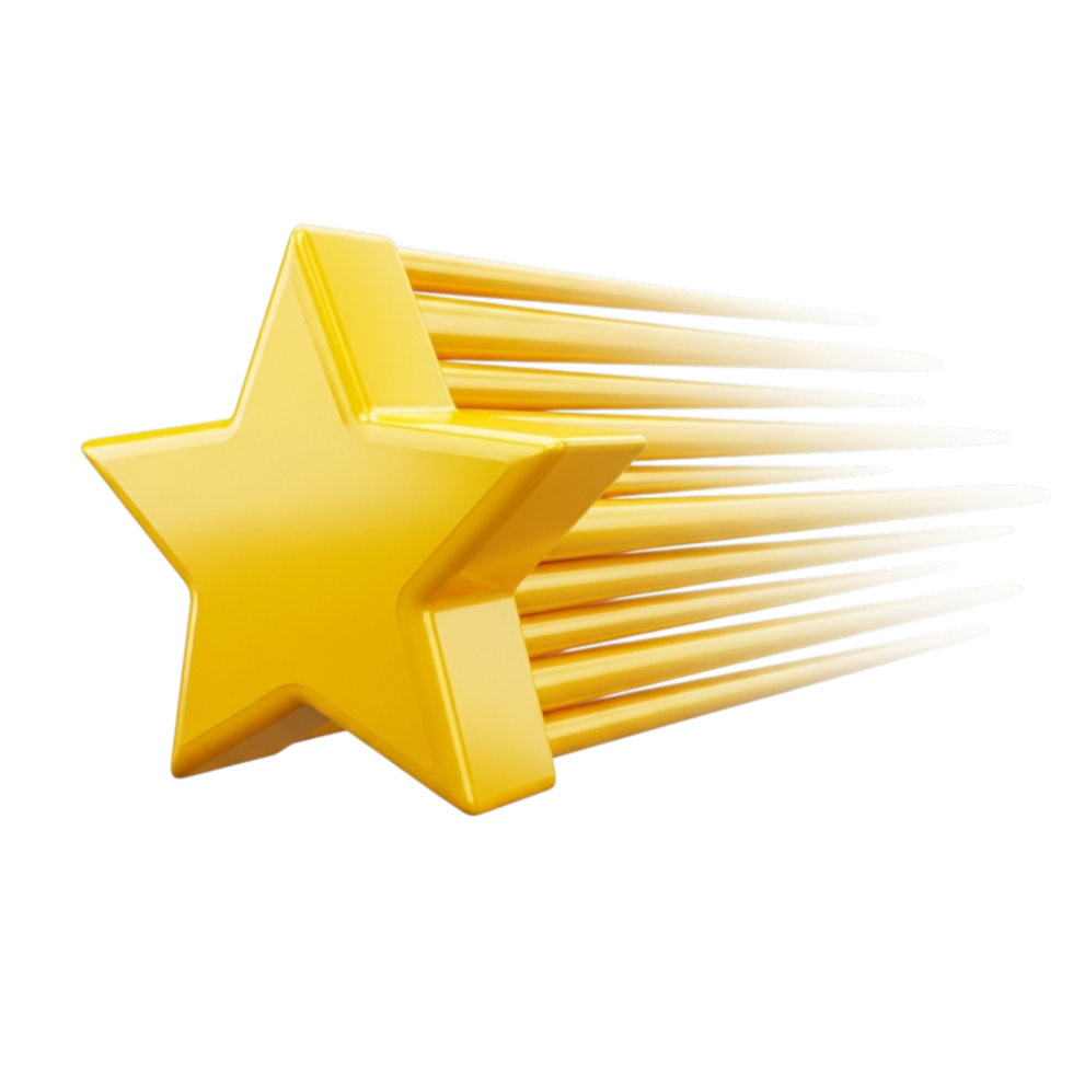 A bright golden star with motion blur streaks trailing behind it isolated on transparent background png