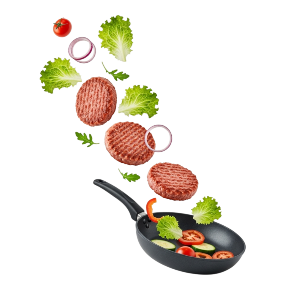 Fresh ingredients for a delicious burger flying towards a frying pan isolated on transparent background png