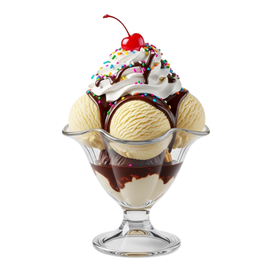 Delicious vanilla ice cream sundae with chocolate syrup sprinkles and cherry topping isolated on transparent background png