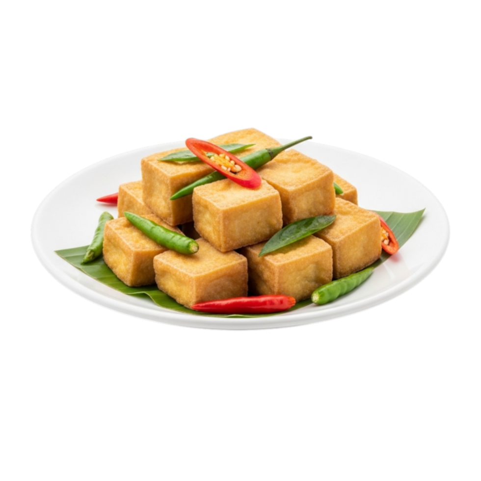 Delicious golden fried tofu cubes seasoned with chili and herbs served on a white plate isolated on transparent background png