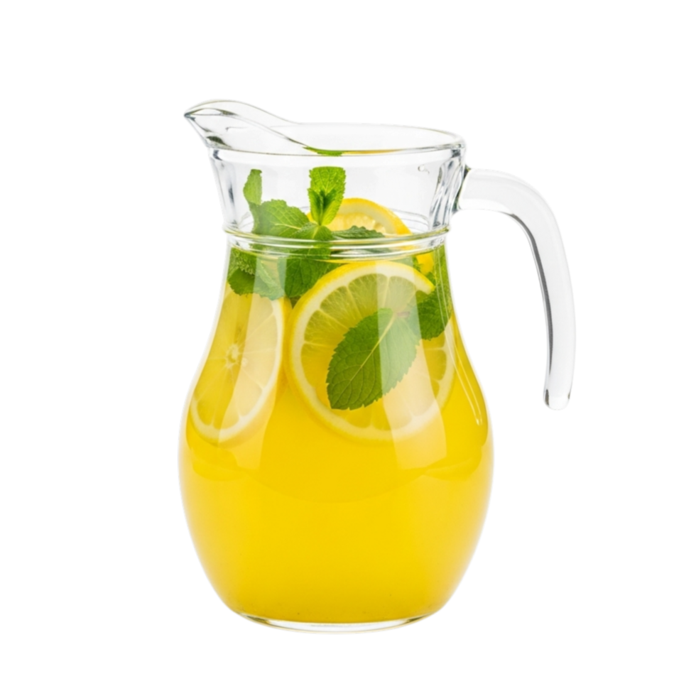 Refreshing yellow citrus drink with mint and lemon slices in a glass pitcher isolated on transparent background png