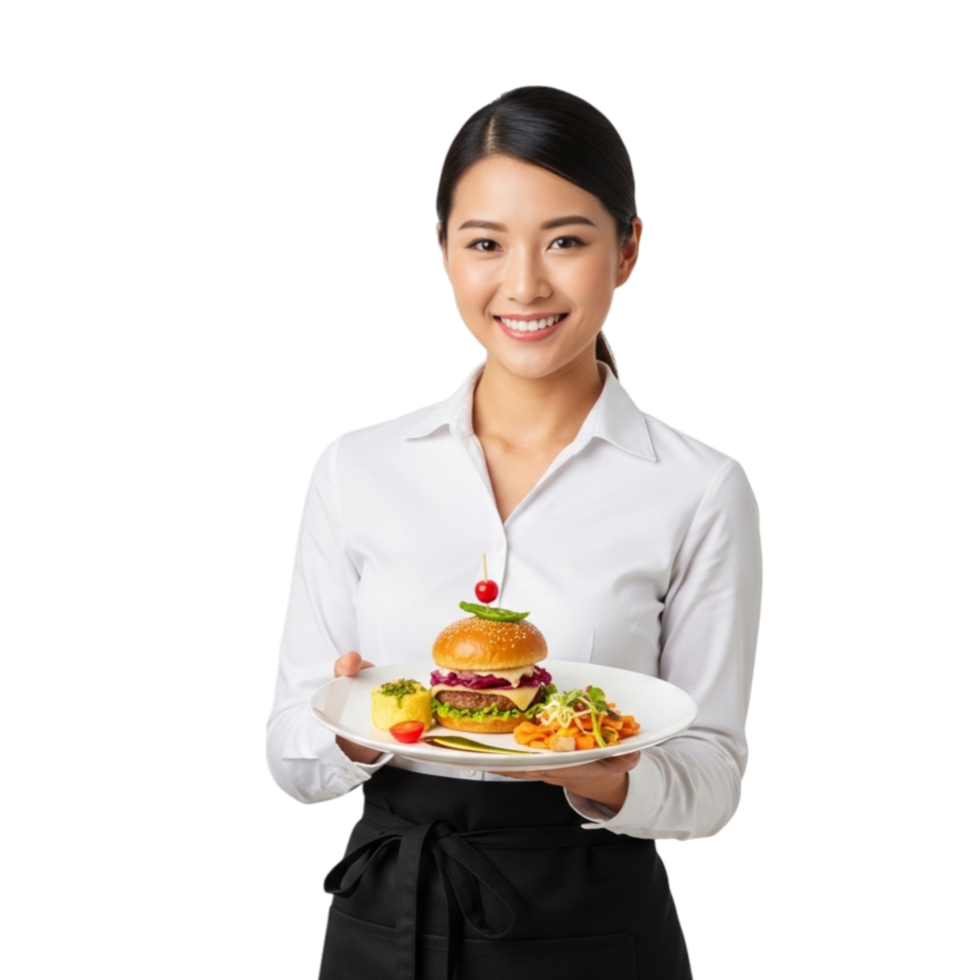 Smiling asian waitress presenting a delicious gourmet burger and fries on a white plate isolated on transparent background png