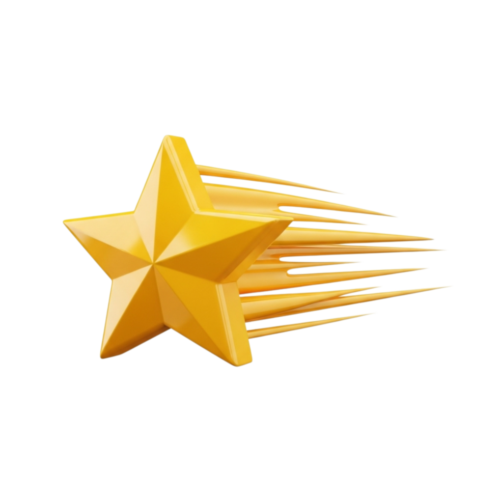 A bright yellow five pointed star with motion blur streaks indicating rapid movement isolated on transparent background png