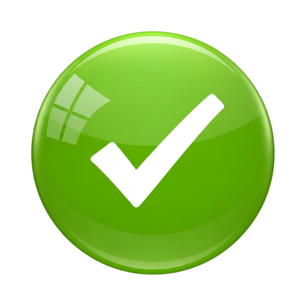 Glossy green circular button with a white checkmark symbol indicating success or approval isolated on transparent background png