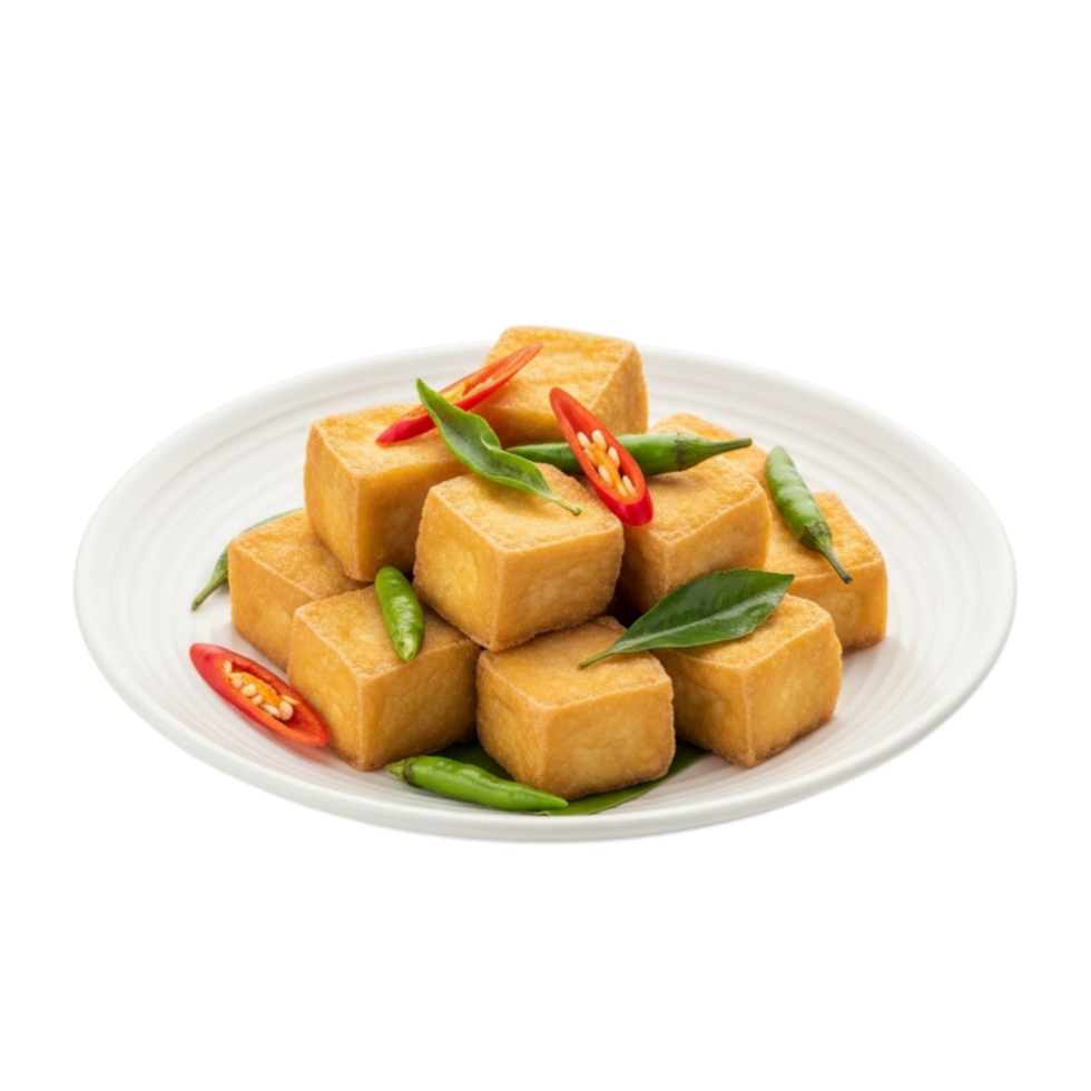 Golden brown fried tofu cubes seasoned with fresh red chili peppers and green herbs isolated on transparent background png