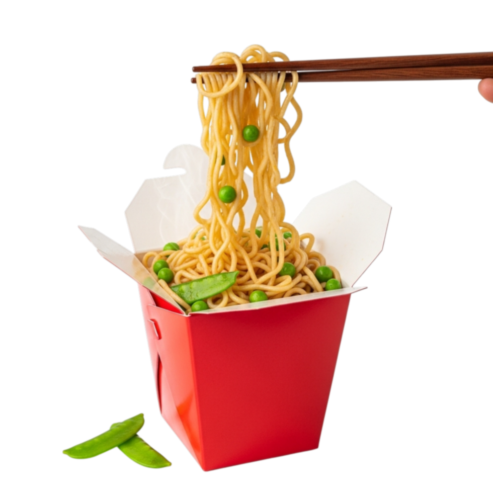 Delicious asian noodles being lifted with chopsticks from a red takeout box isolated on transparent background png