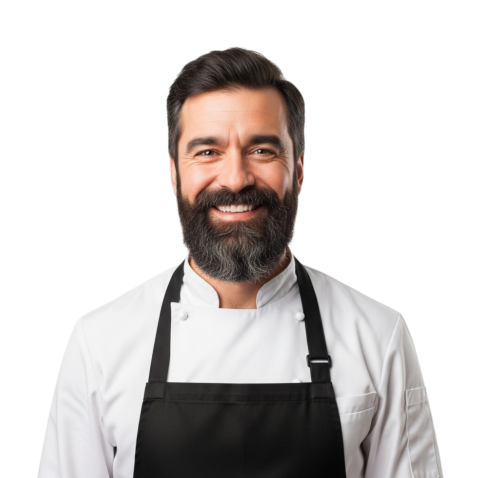 Smiling male chef with a full beard wearing a black apron and white chef coat isolated on transparent background png