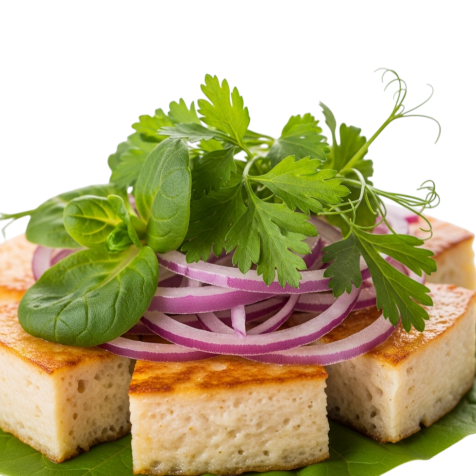 Golden brown pan fried tofu cubes topped with fresh cilantro and thinly sliced red onion isolated on transparent background png