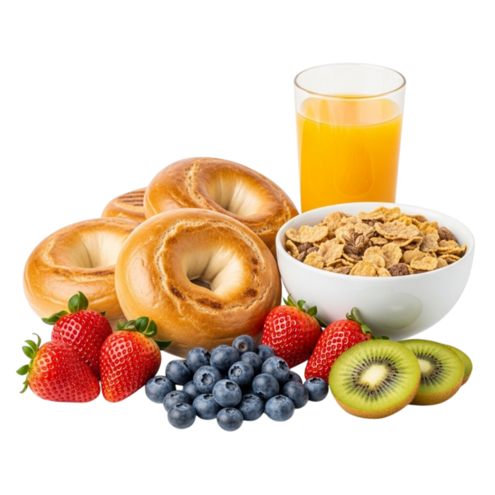 Delicious breakfast assortment featuring bagels fresh berries cereal and orange juice isolated on transparent background png