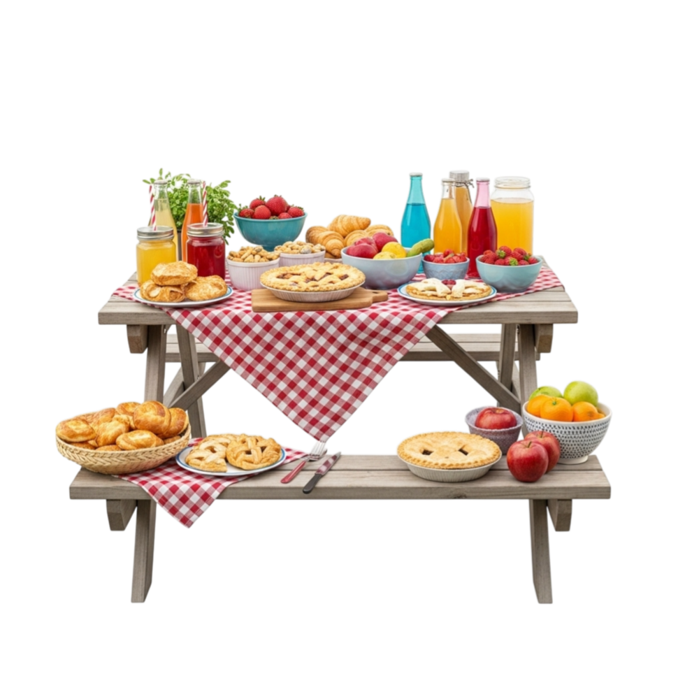 A delightful outdoor picnic spread featuring pies fruits and beverages on a rustic wooden table isolated on transparent background png