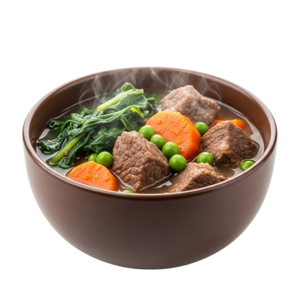 Hearty beef stew with carrots and peas in a rustic bowl isolated on transparent background png