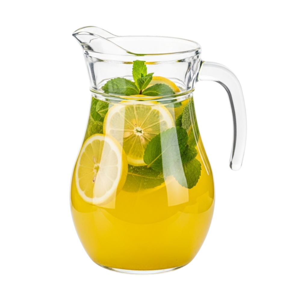 Refreshing glass pitcher filled with lemonade and fresh mint leaves isolated on transparent background png