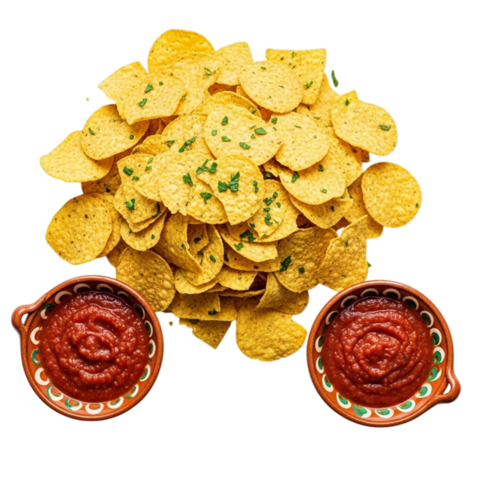 Crispy tortilla chips with spicy red salsa served in clay bowls isolated on transparent background png