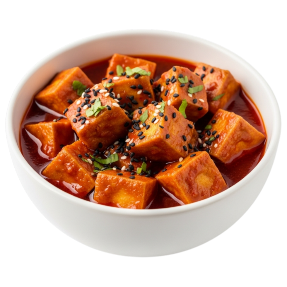 Deliciously prepared spicy tofu cubes in a rich red curry sauce served in a white bowl isolated on transparent background png