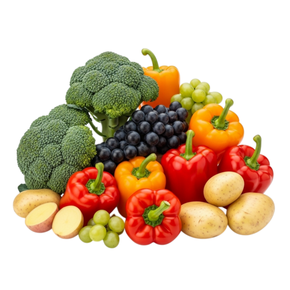 A vibrant assortment of fresh broccoli bell peppers grapes and potatoes artfully arranged isolated on transparent background png