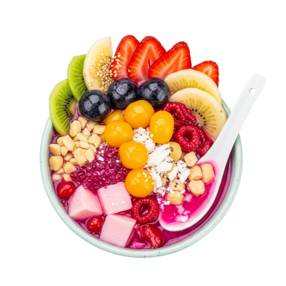 Vibrant and healthy acai bowl filled with fresh fruits nuts and granola isolated on transparent background png