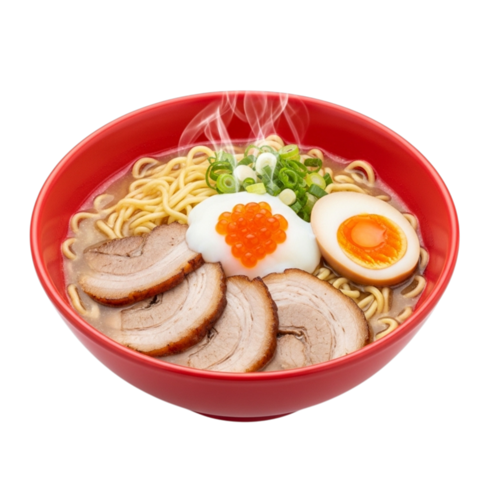 Delicious japanese tonkotsu ramen with pork belly and soft boiled eggs isolated on transparent background png